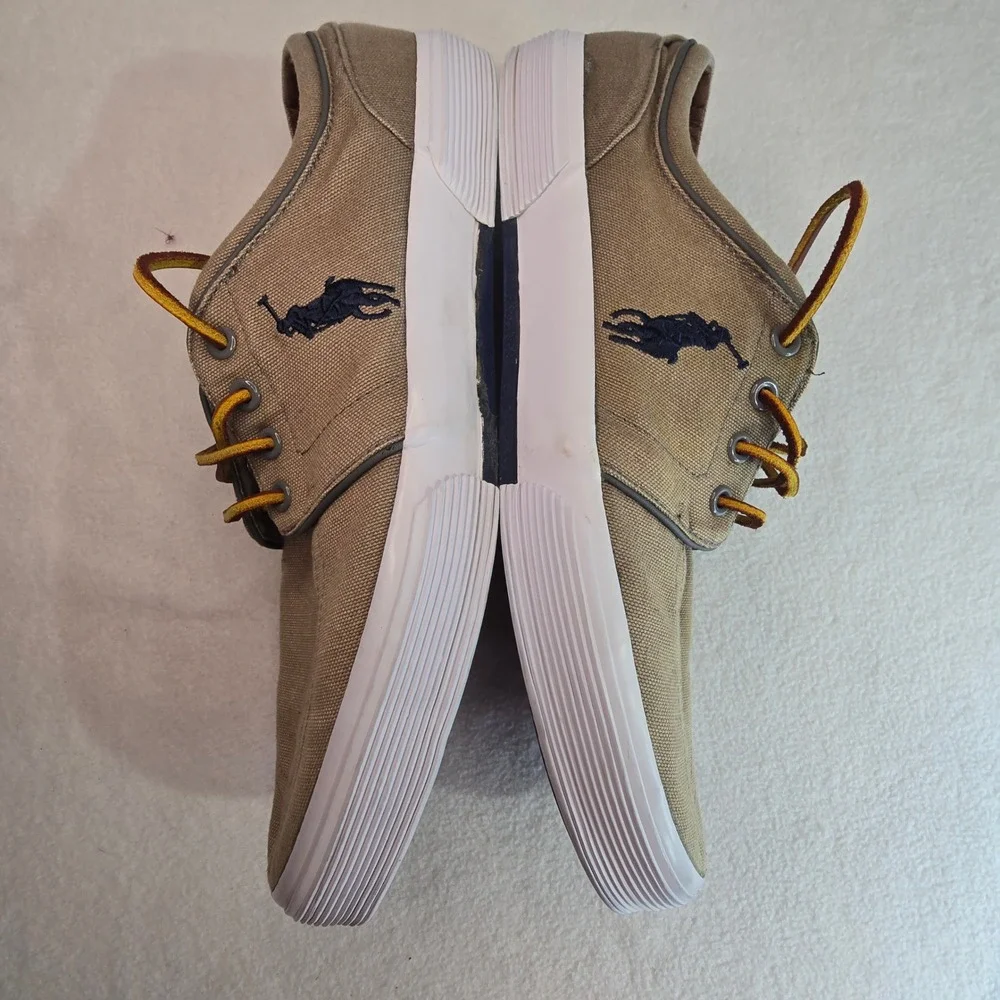 Polo Ralph Lauren Mens Canvas Sneakers Tan Preppy Leather Laces Pony Size 13D